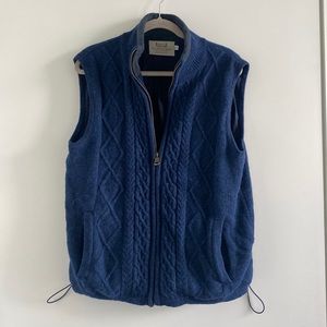 Aran Sweater Market pure new wool blue cable knit full zip sweater vest